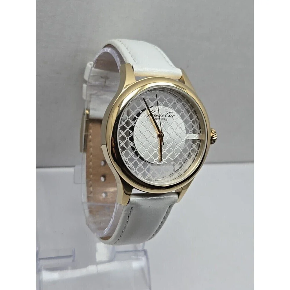 Kenneth Cole New York Lattice Dial Gold Womens Watches White Leather New Battery